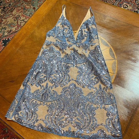Free People Night Shimmers Pale Blue Beaded Mini Dress Size 6 - Picture 4 of 16